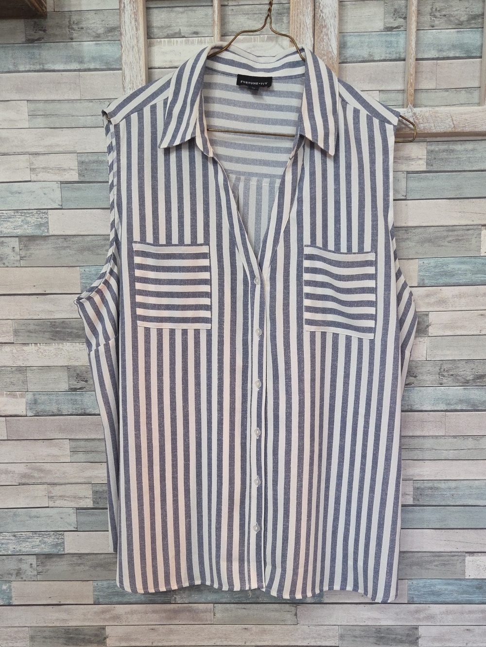 Vertical Stripe Sleeveless Button-Down Shirt - Blue & White
